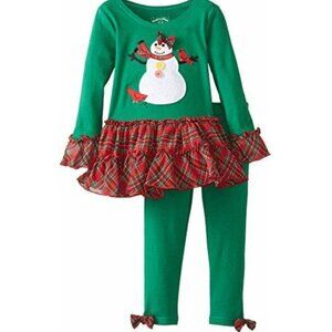 Marmellata 2PC Christmas Set, Green Snowman Shirt w/ Red Plaid Ruffle Skirt, NWT